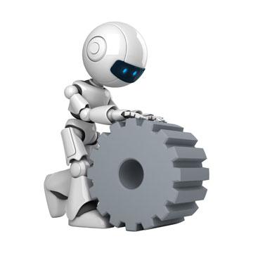 Roboter mit Zahnrad als Symbol für automatische Software Programme (Bots)
