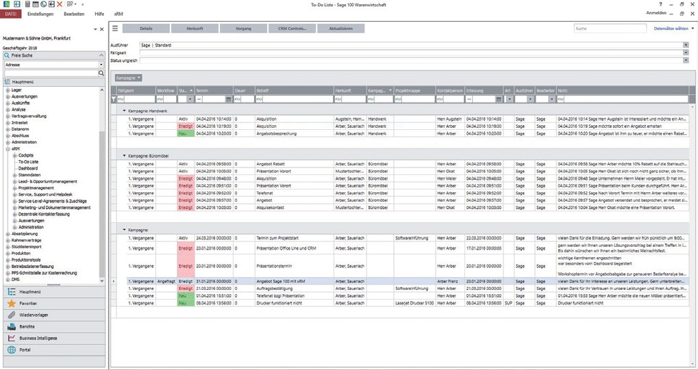 Sage 100 xRM: To-Do-Liste mit Aufgaben und Wiedervorlagen