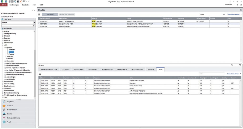 Sage 100 xRM: Objektverwaltung mit Servicevorgängen und Zeiten